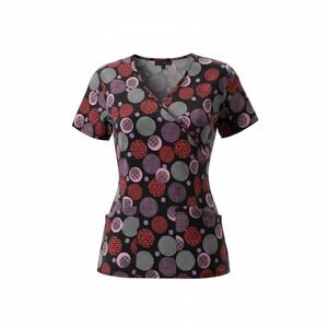 FLEX Stretch Scrub Top XS Black Multi Color‎ Dot Heart Print V-Neck Pockets